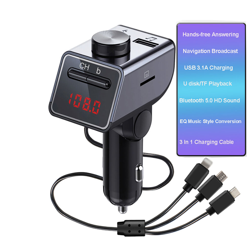 Bluetooth Car FM Transmitter MP3 Player with Type-C Micro-USB 8Pin Charger Cable