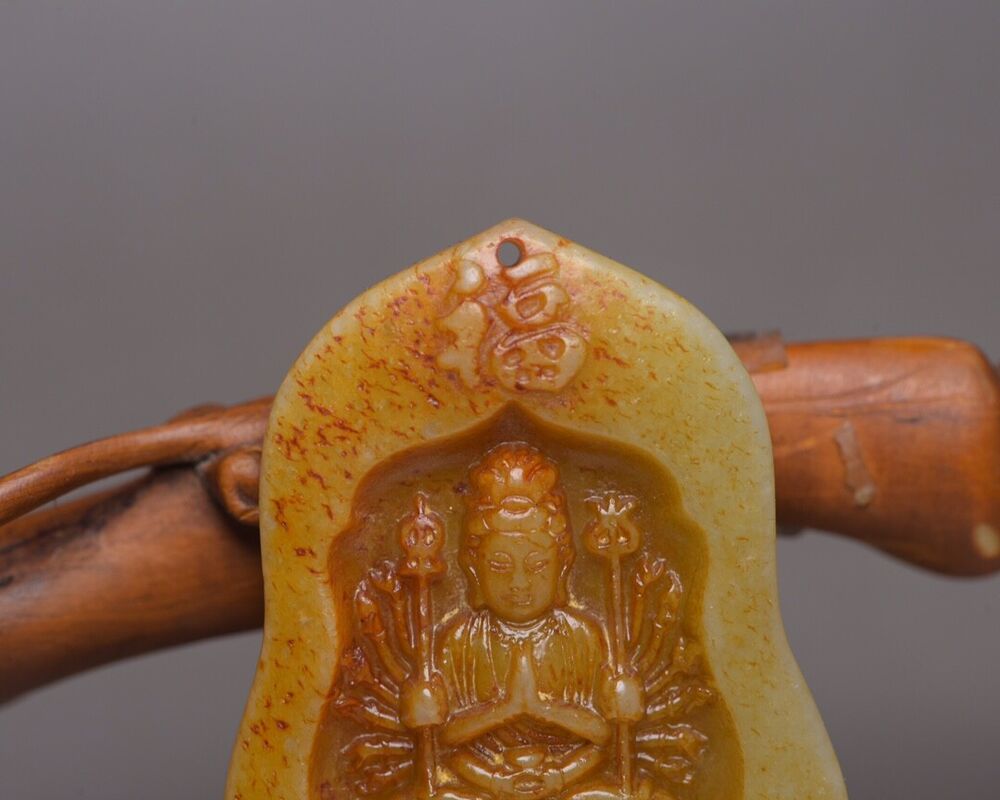 Chinese Old Natural Hetian Jade Carved Kwan Yin Statue Lucky Pendant Jewelry Art