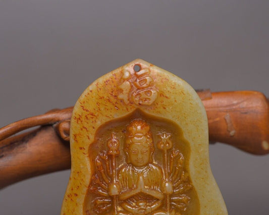 Chinese Old Natural Hetian Jade Carved Kwan Yin Statue Lucky Pendant Jewelry Art