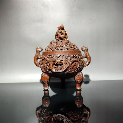 vintage Boxwood Chinese Brown Tripod Censer buddha incense holder dragon statue