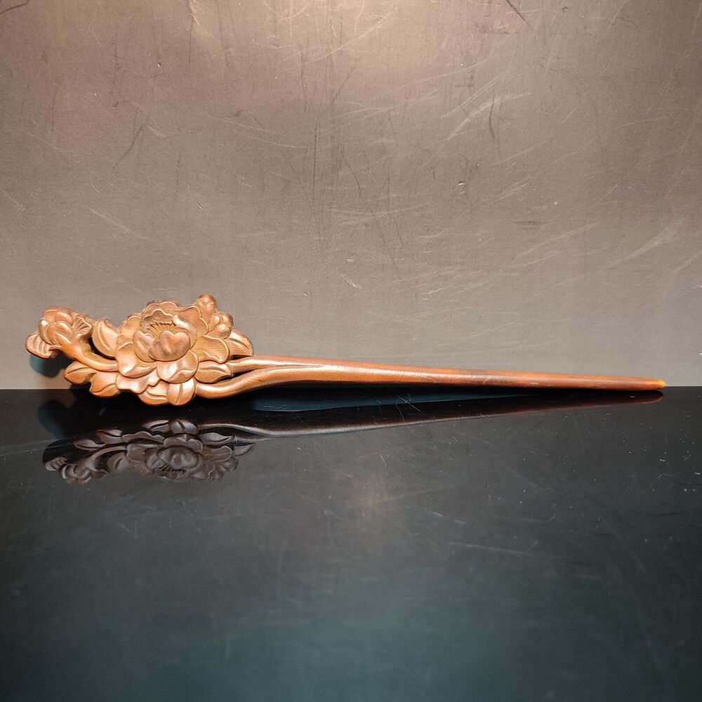Chinese Boxwood Wooden Carved Peony flower Hairpin Hair Accessories gift woman