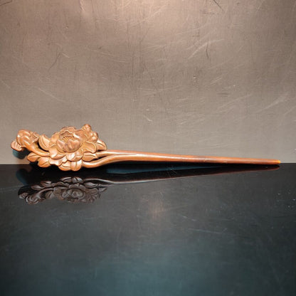 Chinese Boxwood Wooden Carved Peony flower Hairpin Hair Accessories gift woman