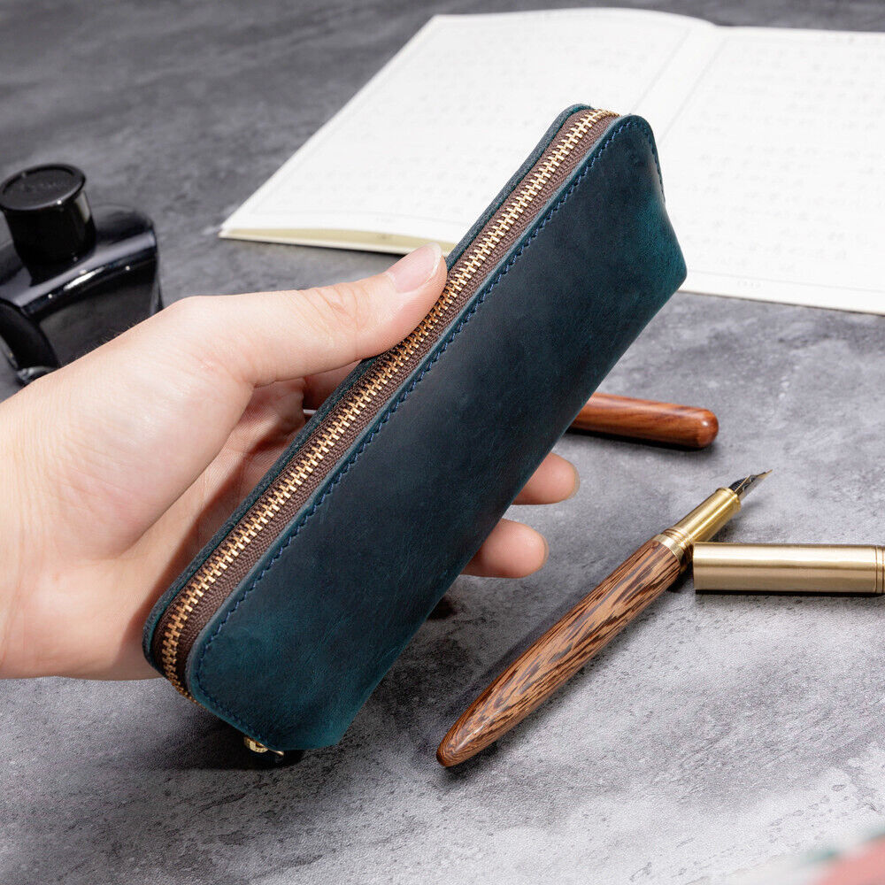 Handmade Cowhide Leather Vintage Zipper Pen Pencil Case Stationery Storage Bag