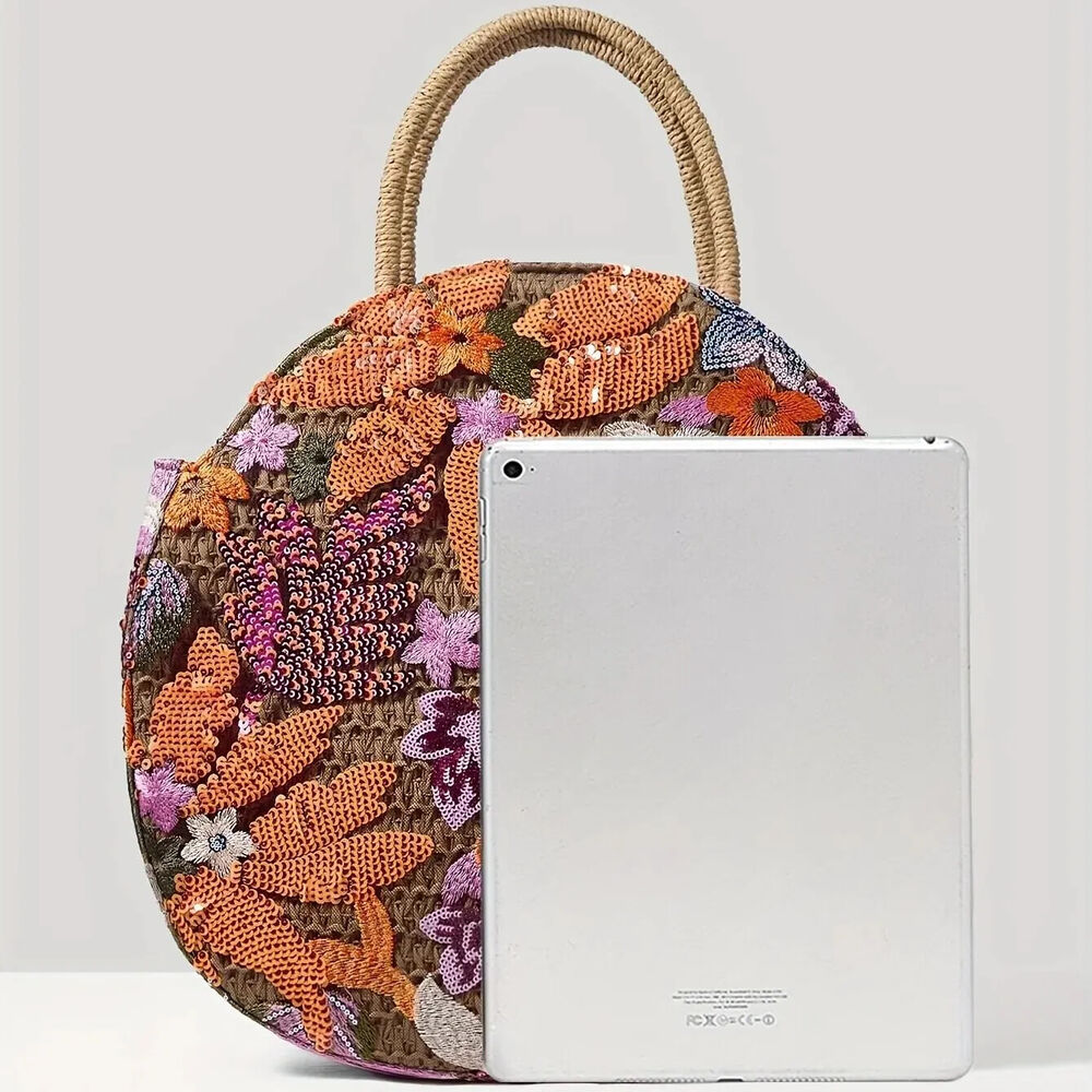 Women Floral Sequins and Straw Tote Bag Round Handbag Vacation,Travel,Party