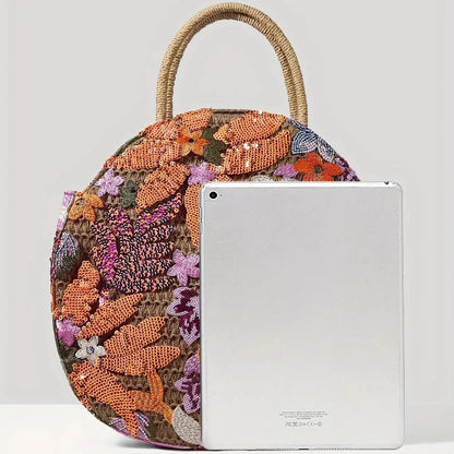 Women Floral Sequins and Straw Tote Bag Round Handbag Vacation,Travel,Party