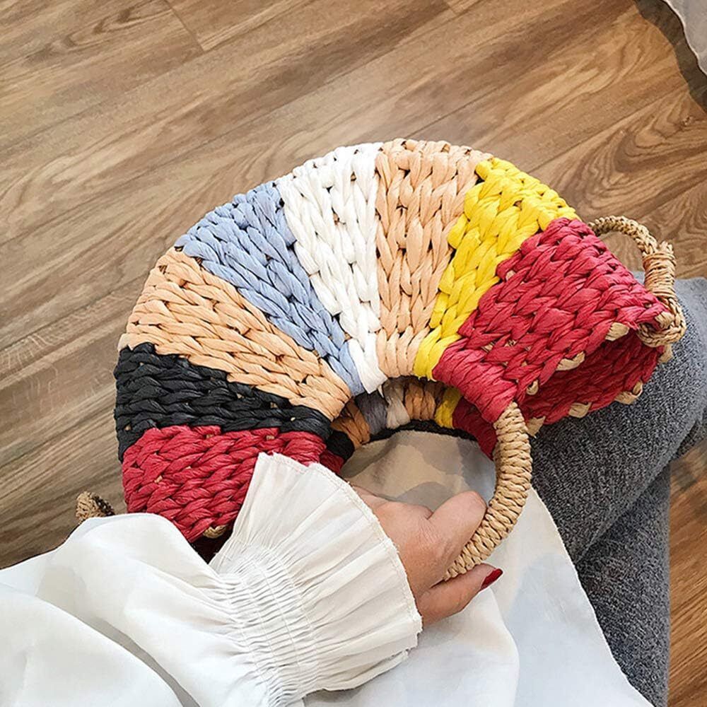 Hand Woven Rattan Women Retro Bag Colorful Boho Shoulder Crossbody Handle Gift