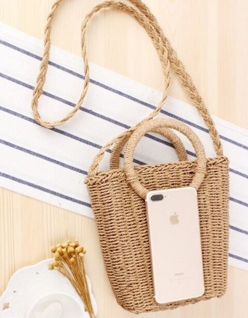 Fashion Women Round Handle Crossbody Mini Messenger Daily Straw Purse Polyester