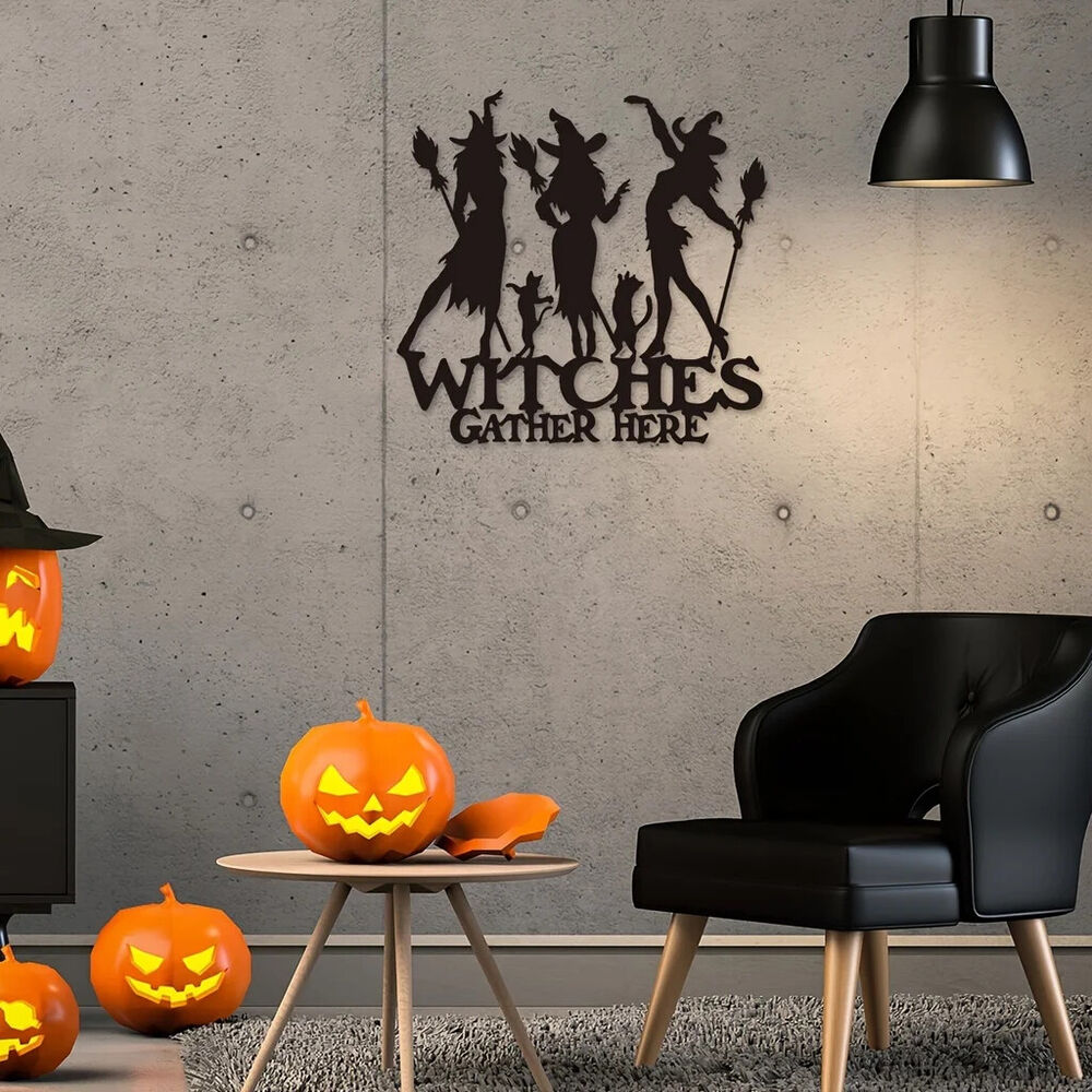 1pc, Witches Gather Here Funny Metal Sign, Halloween Farmhouse Decor Metal Sign