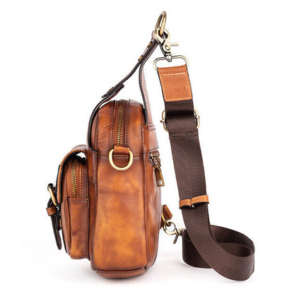 Men's Sling Backpack, 100% Cowhide Leather Vintage Chest Bag Crossbody Daypack