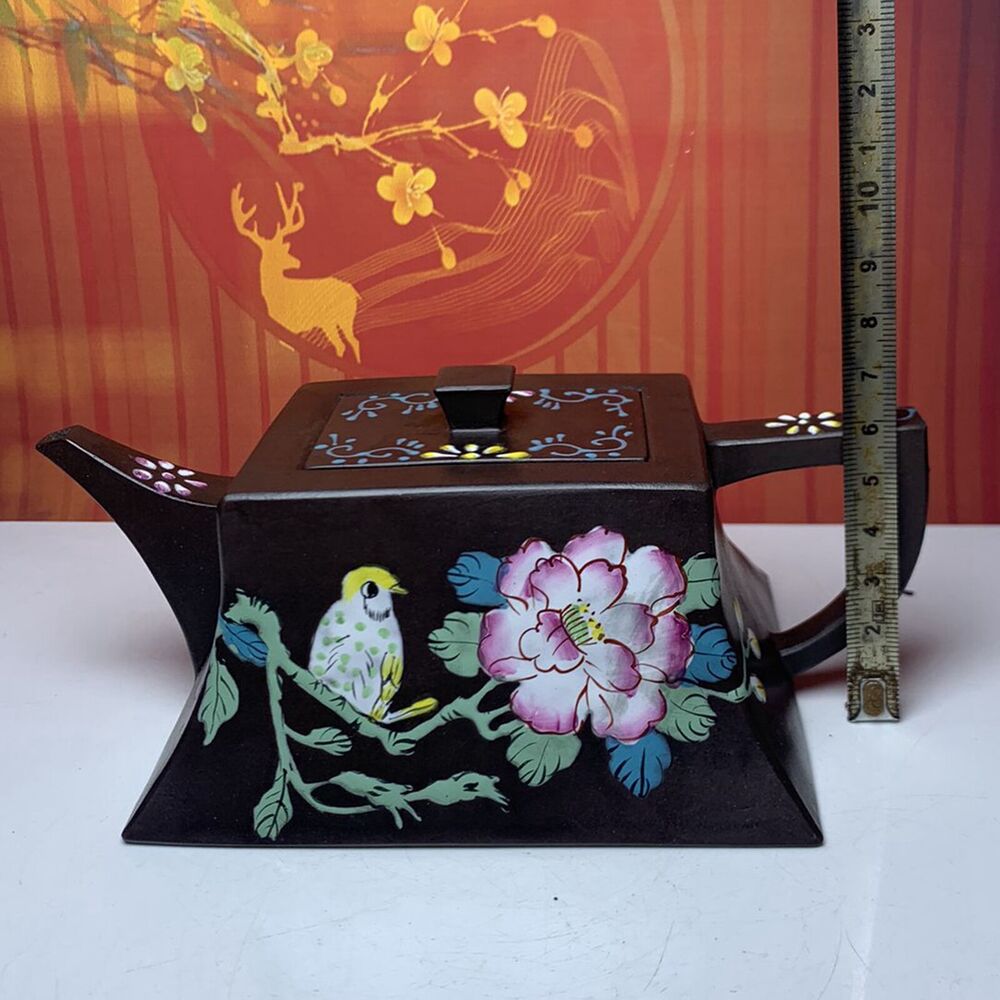 Vintage Chinese Yixing Purple Clay Teapot Zisha Painted Flower Bird Teaware Rare