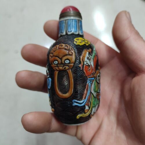 chinese peking carved glass snuff bottle Glaze bat children Figurines statue art