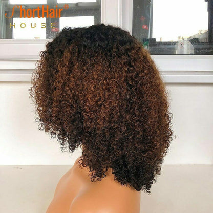 Ombre 1B/30 Short Curly Lace Front Human Hair Wig T Part Bob Wig Remy PrePlucked