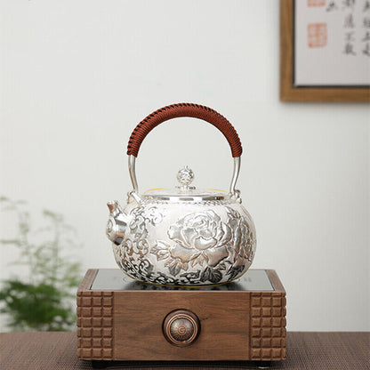 Sterling Silver Tea Set Stove Kettle Tea Pot Tea Cups Handmade Wealth Blooms Set