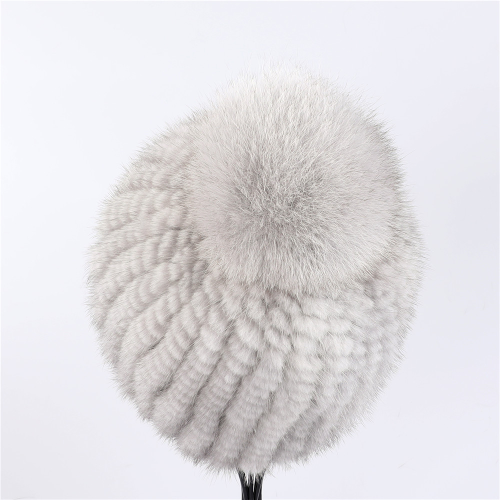 Real Mink Fur Hat Women Knitted Beanie Cap with Fur Pom Poms Thick Cap Elastic