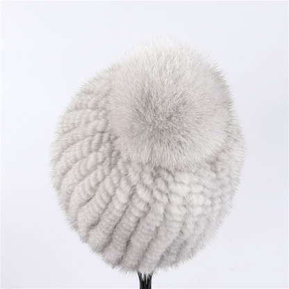 Real Mink Fur Hat Women Knitted Beanie Cap with Fur Pom Poms Thick Cap Elastic