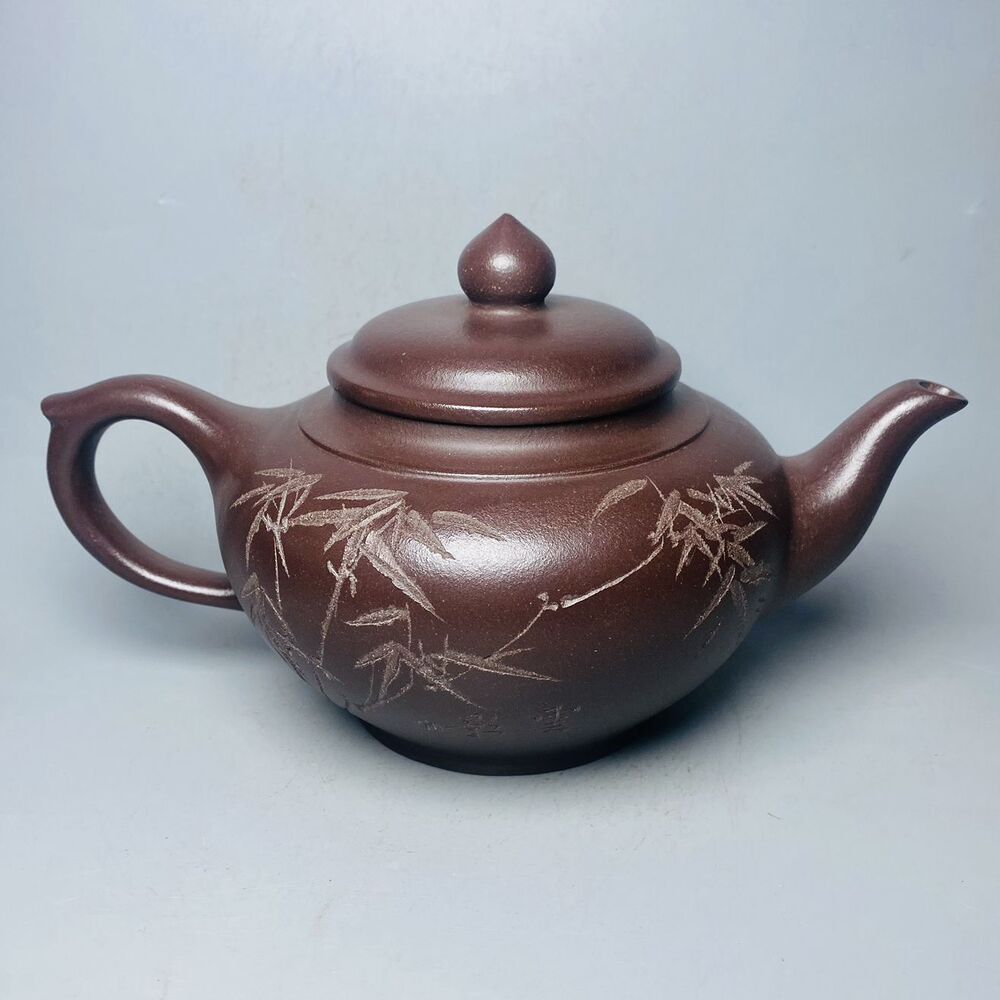 Vintage Chinese Yixing Purple Clay Teapot Zisha Ceremony Carving Bamboo Tea Set