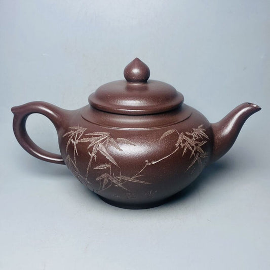Vintage Chinese Yixing Purple Clay Teapot Zisha Ceremony Carving Bamboo Tea Set