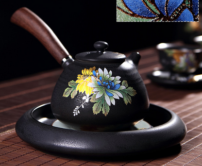 Home office Vintage ceramic tea cup solid wood side handle teapot set