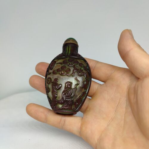 vintage chinese peking glass snuff bottle carved cute cowboy graze cattle story