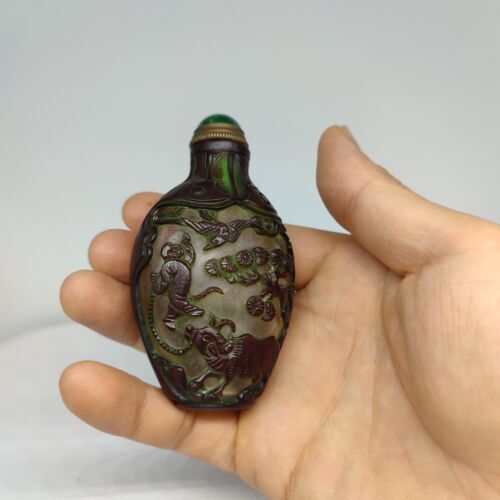 vintage chinese peking glass snuff bottle carved cute cowboy graze cattle story