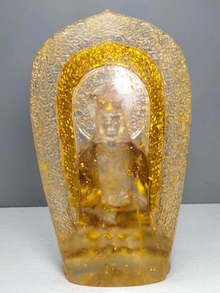 10"Gold Buddha meditation colored glaze Statue Carving glass buddhist large rare