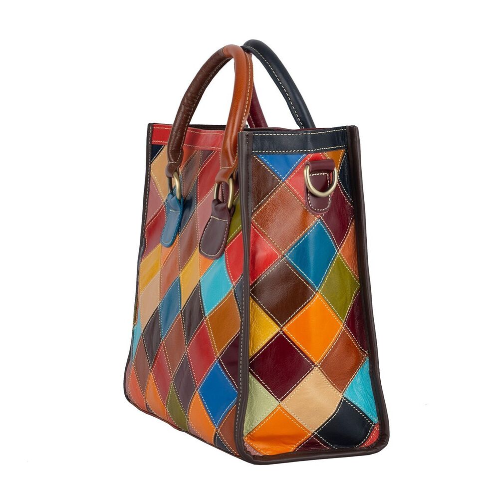 Genuine Cowhide Leather Colorful (random) Patchwork Handbag Women Tote Crossbody