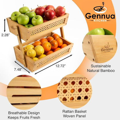 Wooden Rattan Fruit Basket for Kitchen Counter Bamboo 2-Tier Vegetable Storage