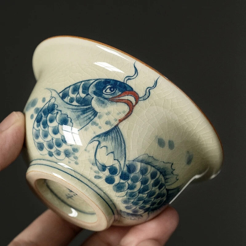 Hand Painted Fish Antique Chinese Cups Ceramic Opening Tea Cup Set Teaware