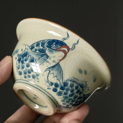 Hand Painted Fish Antique Chinese Cups Ceramic Opening Tea Cup Set Teaware