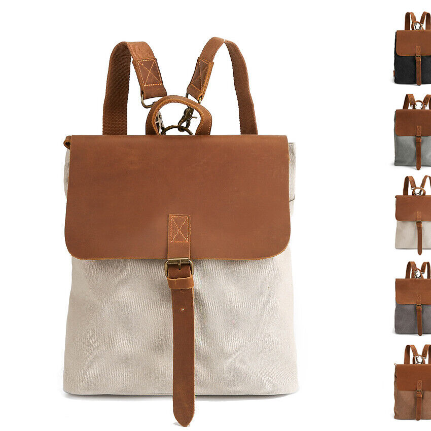 Convertible Canvas Real Leather Backpack Rucksack Daypack Satchel Shoulder Bag
