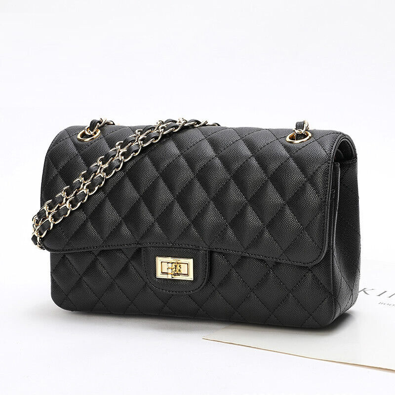 Quilted Real Leather Caviar Effect Double Flap Shoulder bag Handbag Purse Chains