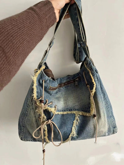Washed Denim Jeans Totes Women Shoulder Bags Student Shopping Bag Handbags