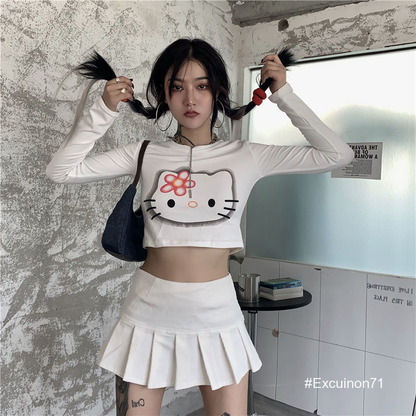 Hello Kitty cute Long Sleeved T Shirt Sexy Printed Round Neck Women Y2K Slim Top