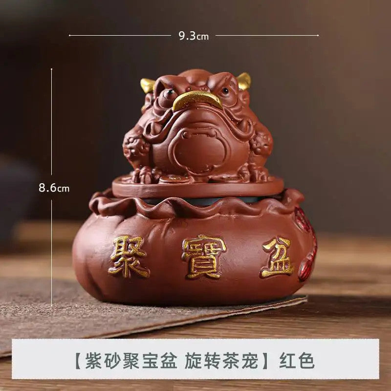 9.3cm Purple Clay Rotating Golden Toad Treasure Basin Tea Pet Handmade Statue