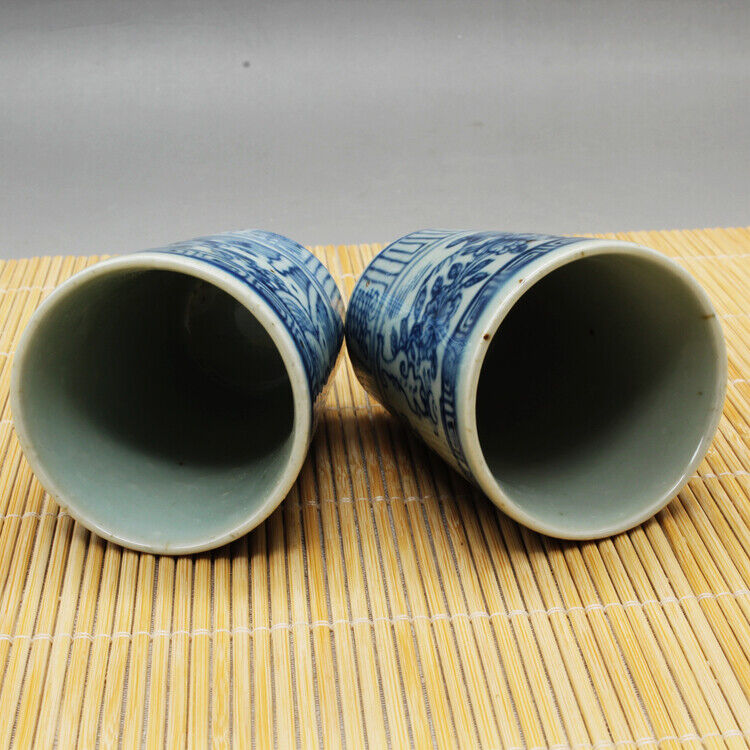 Chinese Jingdezhen Blue White Porcelain Handmade Flower Bird Gongfu Teacup Pair