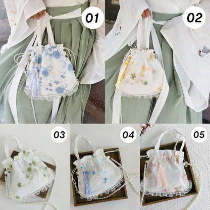 Pearl Floral Hanfu Bag Ancient Purse Embroidery Ruffle Drawstring Handbag Wallet