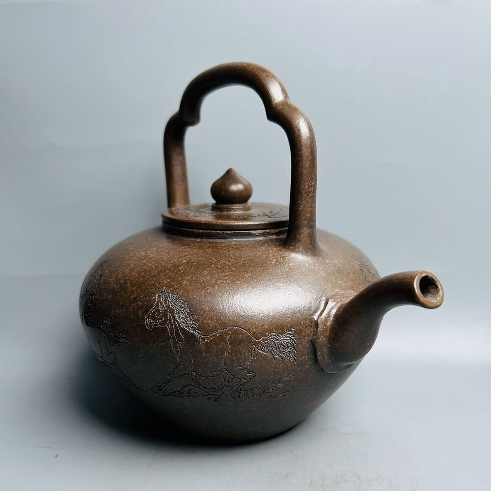 Vintage Chinese Yixing Purple Clay Teapot Zisha Ceramic Carving Horse Teaware