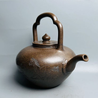 Vintage Chinese Yixing Purple Clay Teapot Zisha Ceramic Carving Horse Teaware