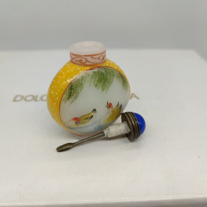 Chinese Peking Glass Snuff Bottle Painted Bird Flower Signed Love Yellow Box Art