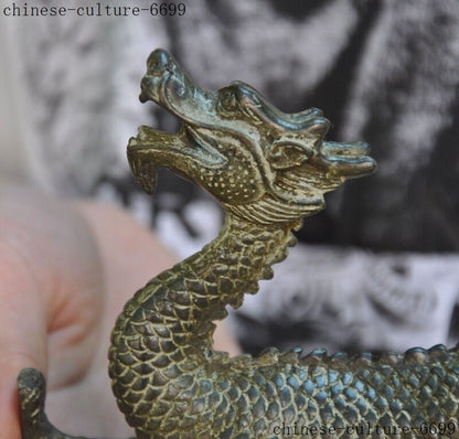 China Old Bronze Feng Shui Auspicious Dragon Loong Dragons Zodiac Animal Statue