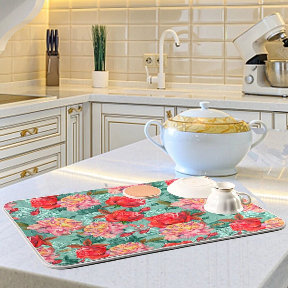 Dish Drying Mats Botanical Print Microfiber Kitchen Counter Super Absorbent Pads