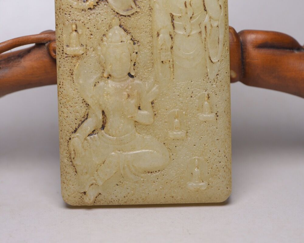 Chinese Old Natural Hetian Jade Carved Kuan Yin Buddha Statue Lucky Jade Pendant