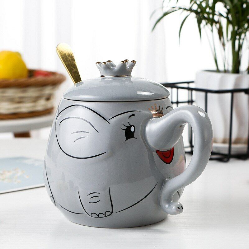 Creative Drinkware Cup Cartoon Stereo Elephant Ceramic Coffee Mug with Lid Spoon