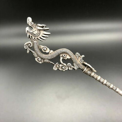 Chinese Old Tibetan silver Copper hand carved Dragon hairpin Statues