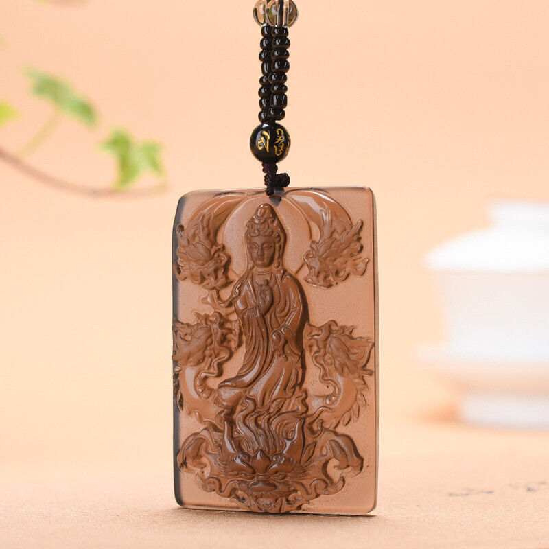 Natural Ice Obsidian Dragon Riding Guanyin Pendant with Necklace Pendant