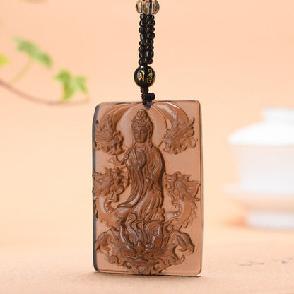 Natural Ice Obsidian Dragon Riding Guanyin Pendant with Necklace Pendant