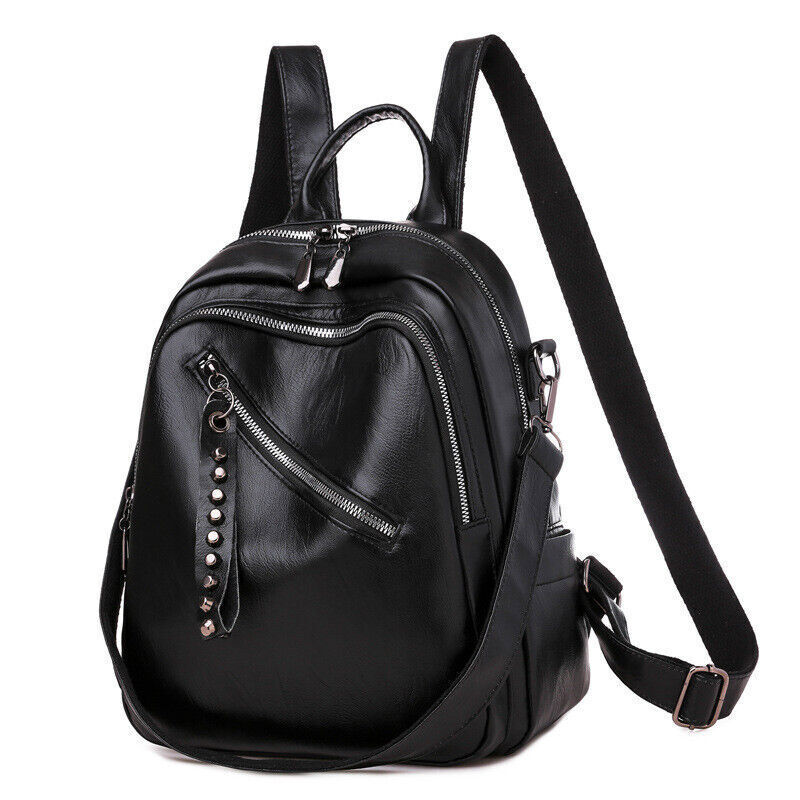 Large Capacity Black PU Leather Backpack Shoulder Bag Travel Rucksack Handbag
