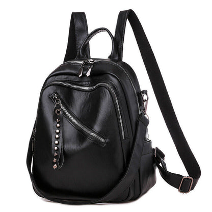 Large Capacity Black PU Leather Backpack Shoulder Bag Travel Rucksack Handbag