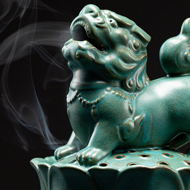 Foo Dog Fyi Statue Lotus Carved Incence Burner Porcelain Decoration Zen Style