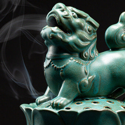 Foo Dog Fyi Statue Lotus Carved Incence Burner Porcelain Decoration Zen Style